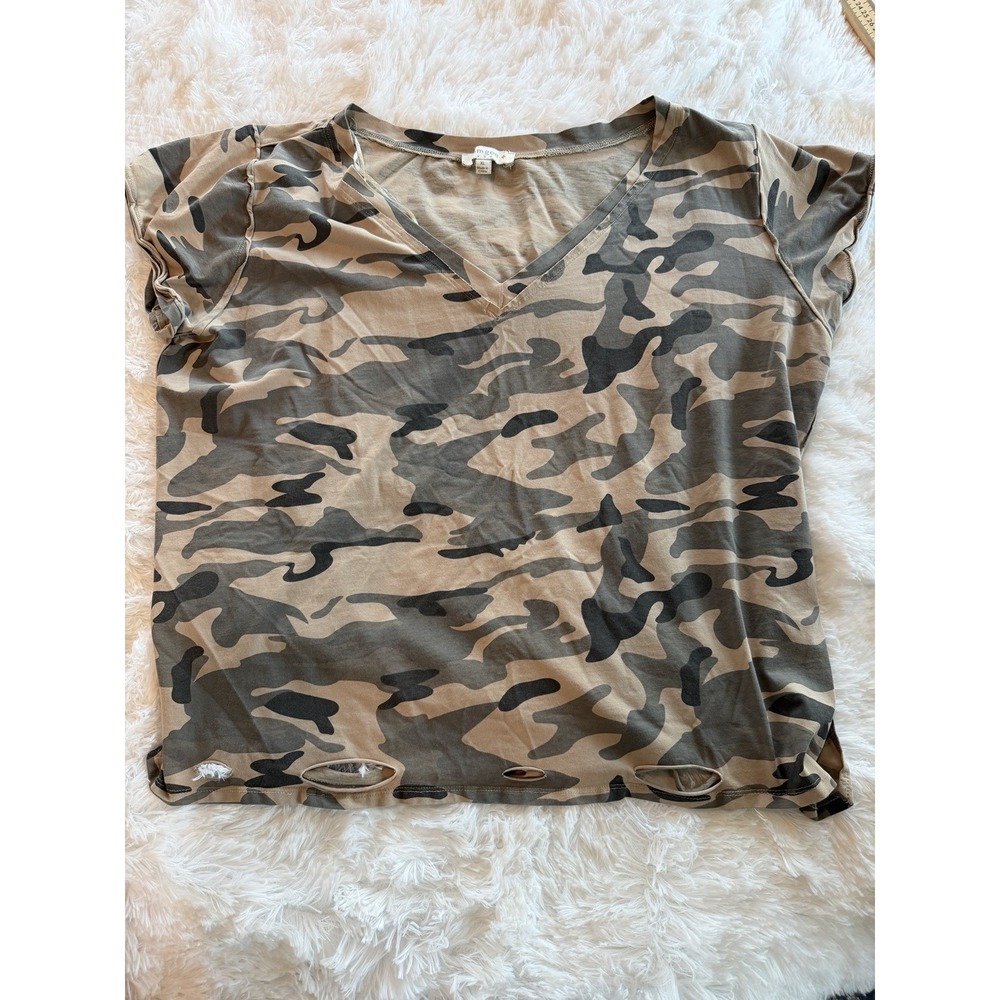 Umgee Shirt Womens XL Gray Camouflage Short Sleeve Top V-neck Destroyed